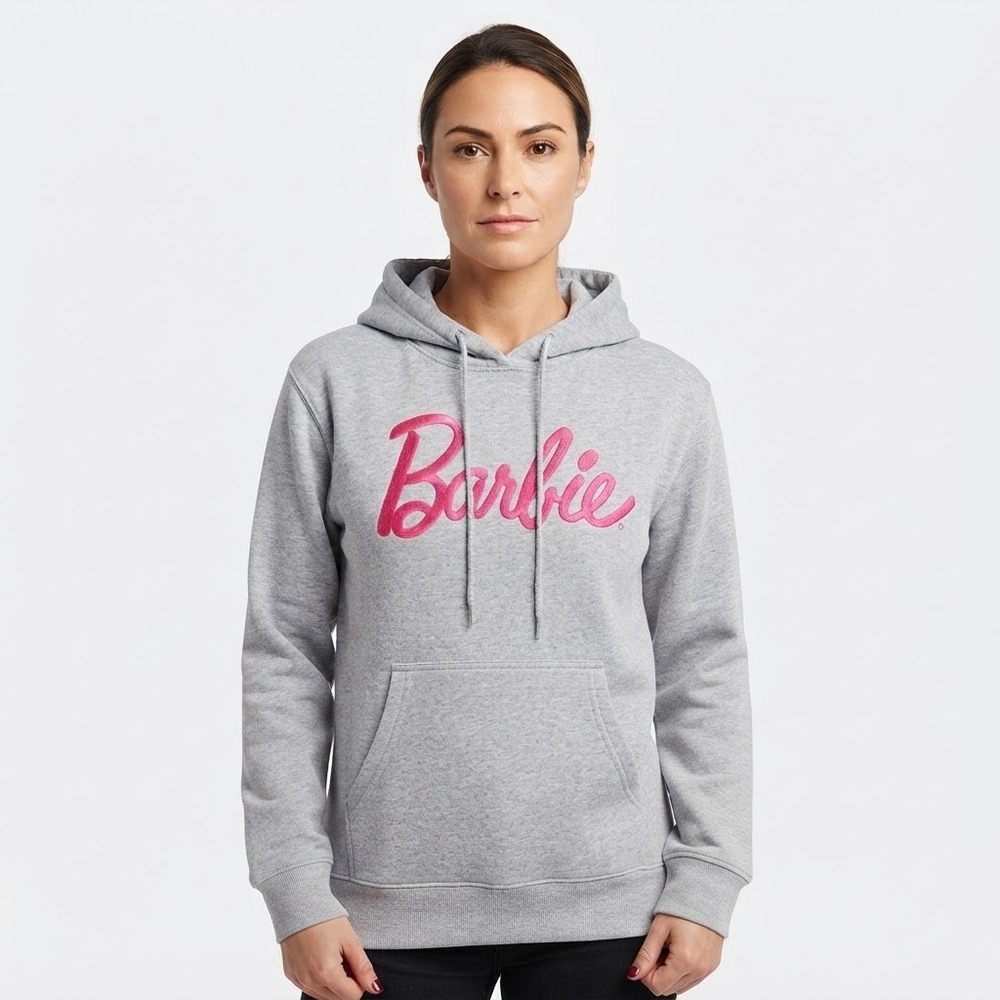 HYBRID Barbie Hoodie Womens XS Gray NWT Pink Logo Graphic Sweatshirt Pullover